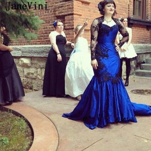 JaneVini Vintage Long Sleeve Royal Blue Mrermaid Prom Dresses Sweetheart Black Appliques Plus Size Taffeta Dress Vestido Gala