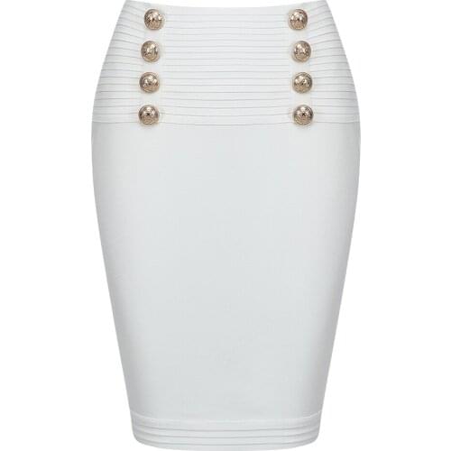 New Women Summer Bodycon Rayon Bandage Skirt Black White Green Sexy Pencil Skirt Button Decoration 2021