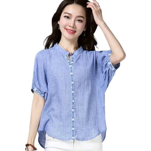 2018 Summer New Women Batwing Half Sleeve Blue White Embroidery Linen Blouse Shirt , Loose Embroidered Shirts Blouses For Woman