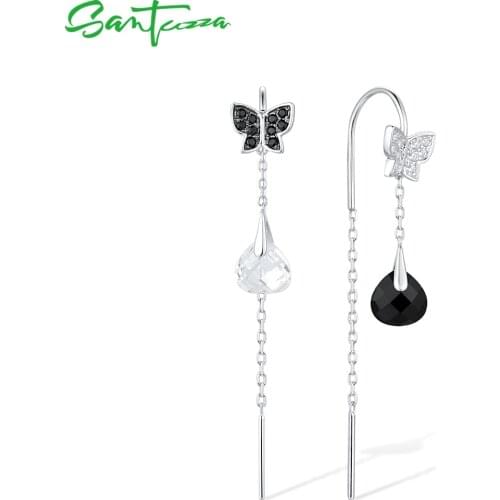 SANTUZZA Genuine 925 Sterling Silver Drop Earrings For Women Black Spinel Onyx White CZ Butterfly Dangle brincos Fine Jewelry