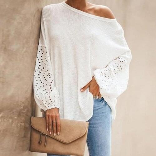 Women Fashion Off Shoulder Top Ladies Solid Color hollowed-out Embroidered Lantern Sleeve Long Sleeve Slash Neck Tops