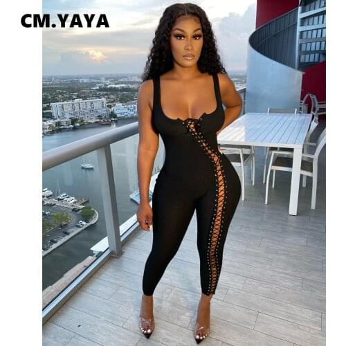 CM.YAYA Women Jumpsuit Solid Sleeveless Squar Collar Bandage Stretchy Bodycon Skinny Jumpsuits Sexy Fashion Outfit Summer 2021