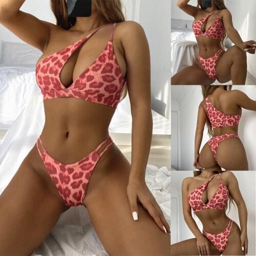 Womens Sexy High Hollow Bikini Leopard Print Swimsuit 2-Piece Set