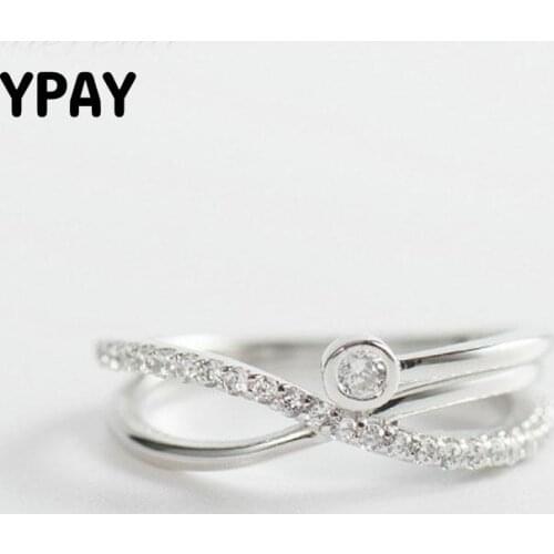 YPAY Real 925 Sterling Silver Ring for Women Cross X Shape Exquisite Party Cocktail Rings Zircon Micro Paved Jewelry YMR187