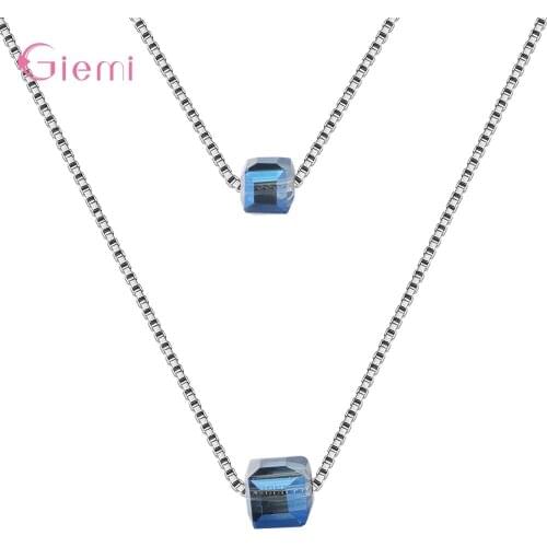 Elegant Fashion New 925 Sterling Silver Square Geometry Crystal Choker Multilayer Necklaces For Wome Girl Zircon Jewelry