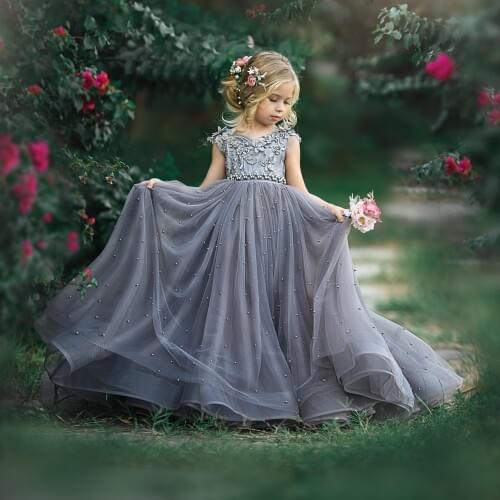 2021 Grey Flower Girl Dresses For Wedding Pearls Floral Appliques Toddler Pageant Gowns Tulle First Communion Dress