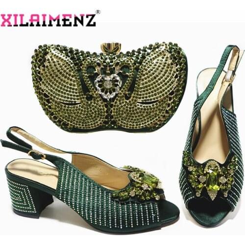 2021 Winter New Design Slingbacks Mid Heels Pumps in Dark Green Color Italian Women Shoes and Bag to Match for Garden Party