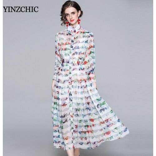2021 Spring New Woman Chiffon Dress Lartern Sleeve Female Travel Print Skirt Fashion Printed Ladies Maxi Loose Dresses New