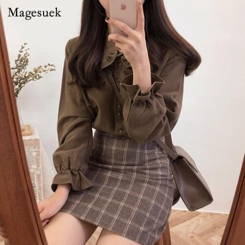 2021 Women Fashion Design Korean Preppy Style Flare Sleeve Peter Pan Collar White Button Shirt Basic Shirts Blouses 6564 50