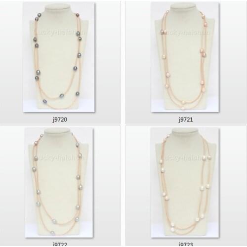 54" 13mm rice Baroque white black gray pink purple beads Strand pearls khaki leather necklace j9723