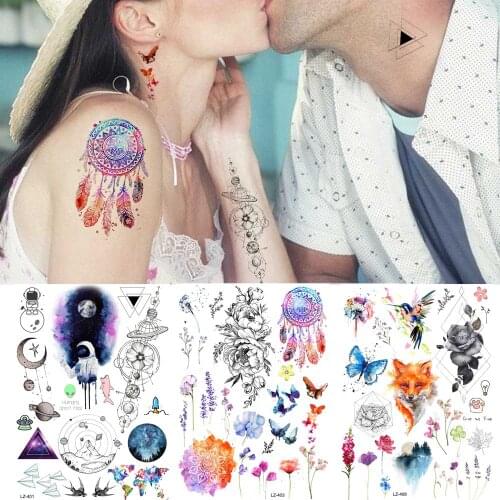 Big Watercolor Tattoo Stickers Women Arm Flash Dreamcatcher Temporary Tattoo Couple Lover Tribal Water Transfer Tatoos Men Moon