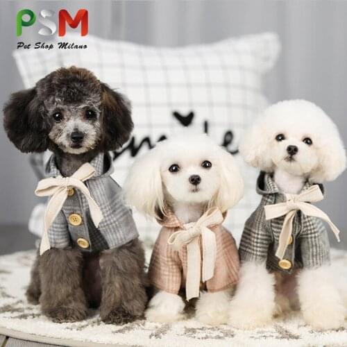 PSM Dog Jacket Winter Cashmere One-piece Hat Bowknot Lattice Stripes Dog Clothes for Small Dogs Chihuahua French Bulldog Clothes