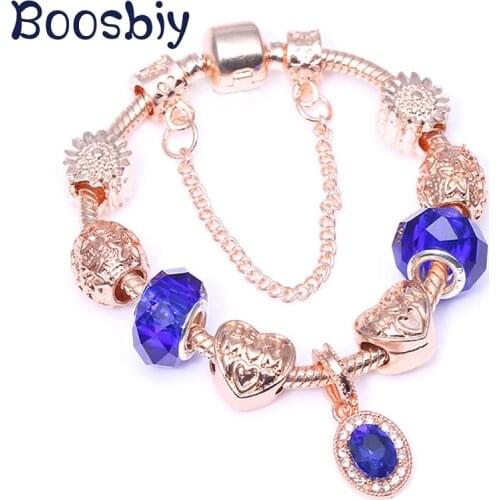 Fashion Brand Charm Bracelet Jewelry With Blue Murano Glass Beads Rose Gold Snake Chain Fine Bracelet For Mother Days Gift