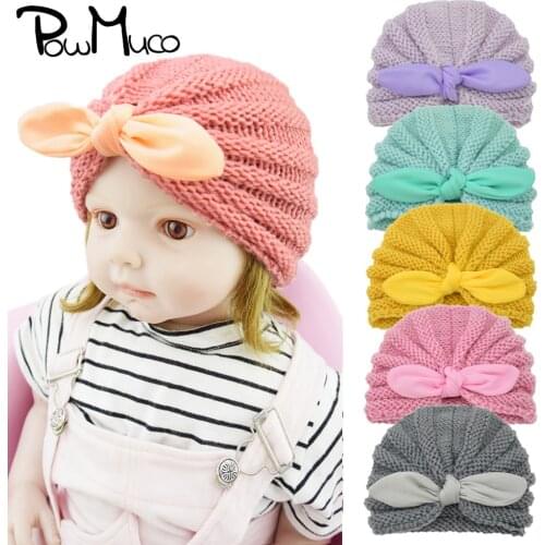 Powmuco Fashion Knitting Wool Striped Hats Cute Handmade Bunny Ears Newborn Caps Baby Girls Headwear Kids Photography Props