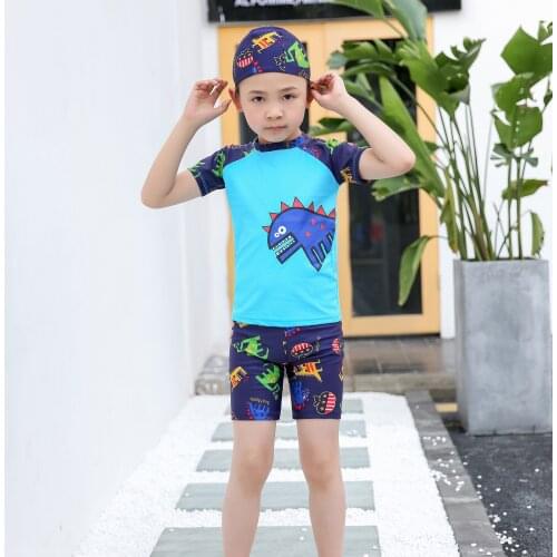 Toddler Kids Boys Dinosaur Swimsuit Three-piece Swimwear Sets Cartoon Beach Shorts T-shirt Hat Swimming Suit Children Beachwear