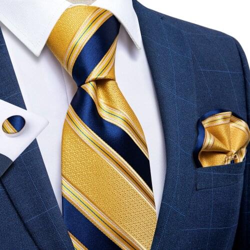 New Fashion 8cm Men Necktie Yellow Blue Striped 100% Silk Tie Business Wedding Formal Necktie Hanky Set Men Gift Tie DiBanGu