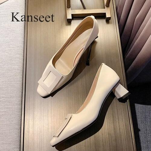 Kanseet 2021 New Arrival Women Pumps Spring Autumn Genuine Leather Handmade Buckle White Purple Shallow Elegant Mid Heels Shoes