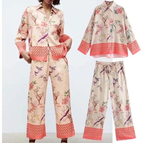 Klkxmyt Za Women Suit 2021 Female Vintage Print Shirts Set Casual Blouse Tops+High Waisted Pants 2 Piece Set Woman Outfit Suit