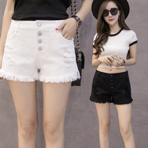 Summer white denim shorts female high waist buckle loose student hole shorts