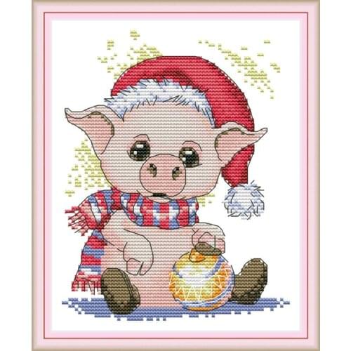 Joy Sunday Lovely Pig Cross Stitch Kit Christmas Cartoon Animal Pig 11&14CTCount Print Canvas Embroidery DIY Handmade Needlework