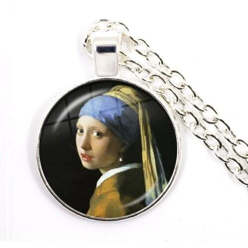 Girl Wearing Pearl Johannes Vermeer Art Pendant Glass Cabochon Necklace Silver Color Chain Necklaces Jewelry for Women Mens