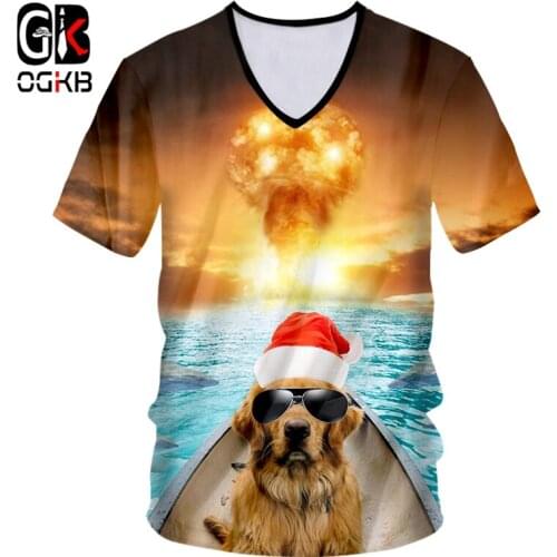 OGKB Christmas Man 3D Printed Fish And Sunglasses Dog Tshirt Personality Explosion Background Spandex V Neck T-shirt