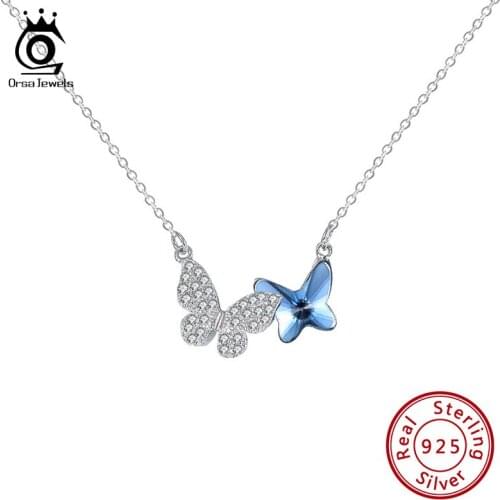 ORSA JEWELS Butterfly Crystal Pendant Necklace Women Pure 925 Sterling Silver Cute Necklaces Trendy Wedding Jewelry Gifts SWN03