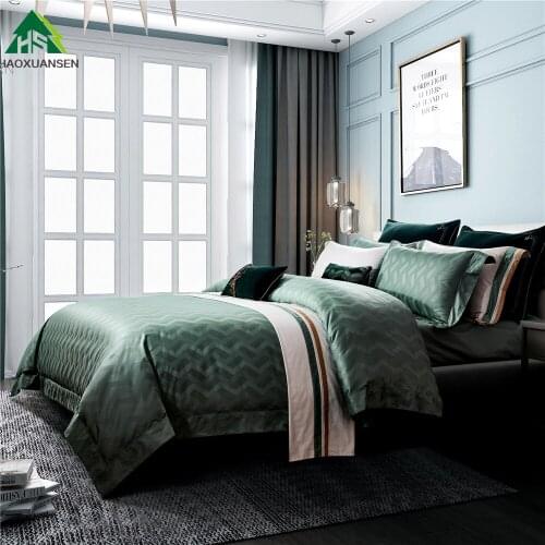 Green Fabric Wavy Design 4Pieces Yarn Dyed Jacquard Bedding Sets Bed Linens King Size Duvet Cover Set Pillowcase Bedsheet