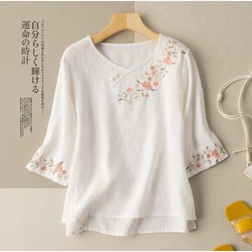 Plus Size Vintage Embroidery Cotton Linen T-shirt Women Summer V-Neck Loose Casual Chinese Style Buckle Top Female Tee M-4XL