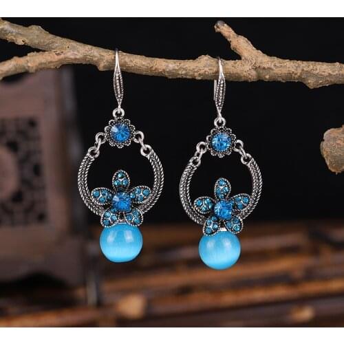 Classic Ethnic Opal Water Drop Hook Earrings for Women Vintage Retro Silver Color Crystal Flower Dangle Earrings Party Jewelry