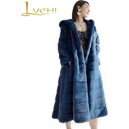 LVCHI Winter 2019 Import Real Mink Fur Coats Womens Long Sleeve Wave Cut Coat Full Pelt Causal Solid Causal X-Long Mink Coats