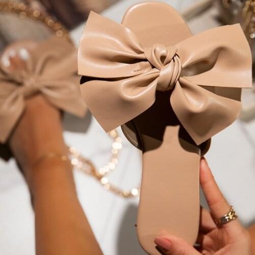 Women Slippers Summer Solid Butterfly Knot Flat Heel Outdoor Slides Fashion Casual Beach Ladies Shoes