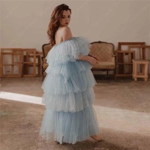 Light Sky Blue Flouncing Evening Dresses Saudi Arabia 2021 Vestidos Layered A-line Party Gowns Celebrity Fashion Party Dresses