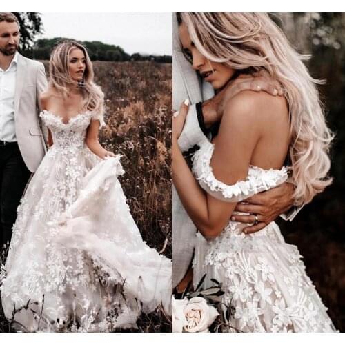 Gorgeous 3D Floral Wedding Dresses Off Shoulder Sweetheart Full Appliques lace country bohemian beach Bridal Gowns Open Back