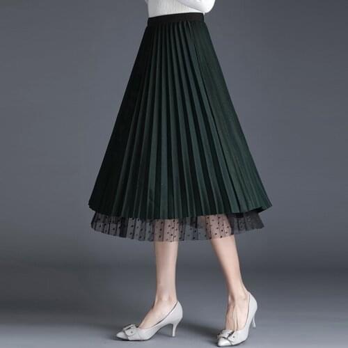 New 2019 Spring Summer Pleated Skirts Womens Dot Mesh Skirts Women vintage High Waist A-Line Skirts