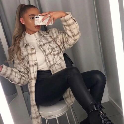 Fad New Fall Winter Women Jacket Checked Tweed Coat Long Sleeves Oversized Thicken Casual Vogue Women Outfits Tops