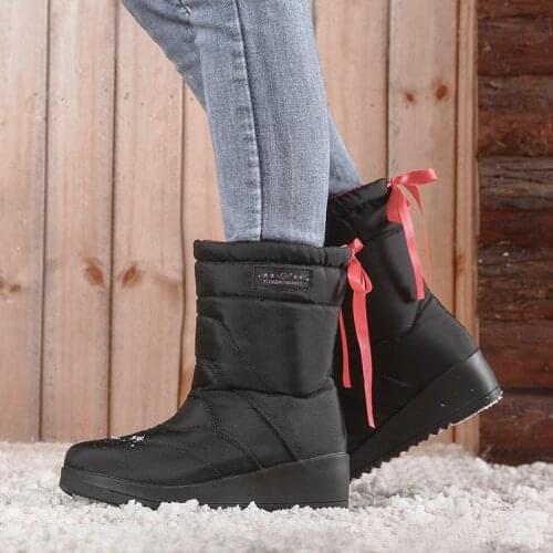 2020 new winter snow boots women plus velvet warmth and non-slip middle tube thick bow tie thick-soled cotton shoes women