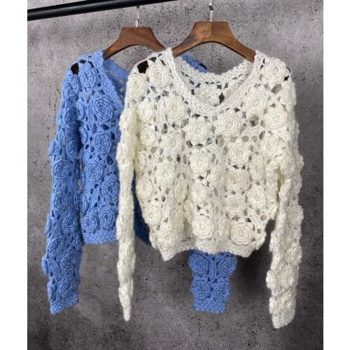 Ladies 2021 Fashion New Long Sleeve Sexy Casual Solid Color Hollow Flower Sweater 1103