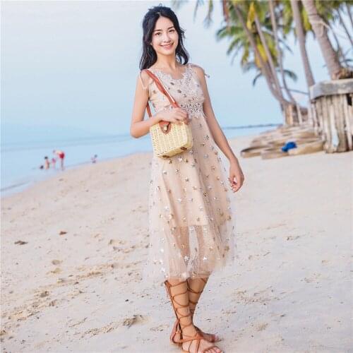 Spaghetti Strap Sexy Sequined Stars Embroidery Lace Decorated Mid-Calf Mesh Sleeveless Dresses Elegant Beach Holiday Dresses