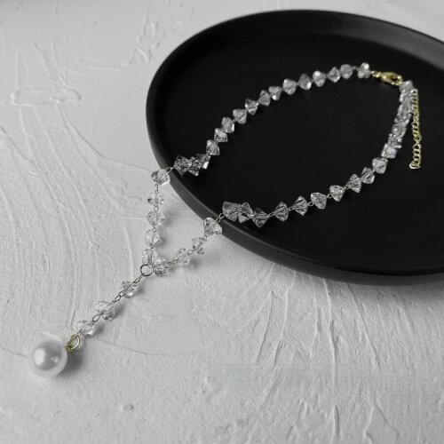 VSnow Minimalist Irregular Transparent Crystal Pearl Pendant Necklace for Women Girls Stylish Vintage Holiday Necklace Jewelry