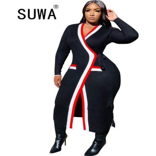 White Contrast Color Slim Fit Knitting Coat Women Sashes Sexy Long Windcoat Long Sleeve Fall Winter Jackets Wholesale