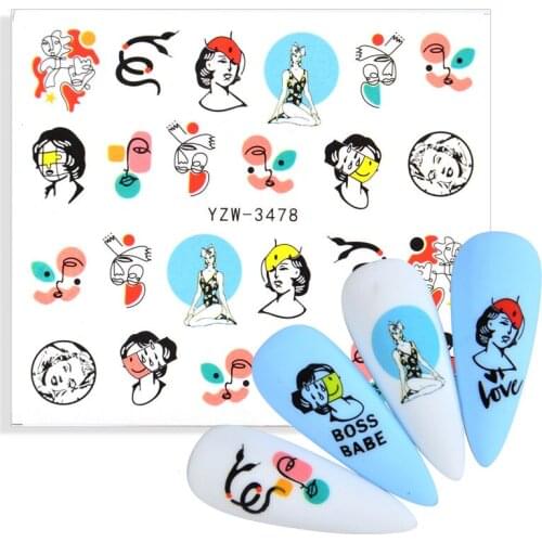 1 Sheet 2021 Newest Abstract Lady Face Sliders Colorful Nail Decal Sticker Celebrity Nail Art Decoration Water Tattoo Manicure