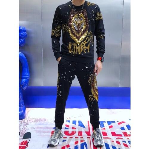 100%real luxury mens black rhinestone beading sequins bling long sleeve T shirt with pants/leisure tracksuit/Asia size