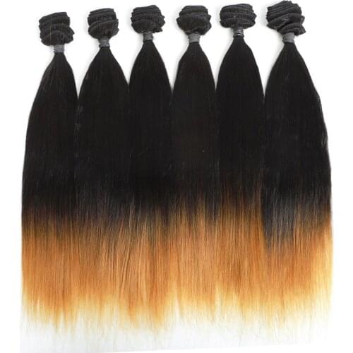 14 inch Ombre Hair Bundles Straight T27 Synthetic Hair Weave for Black Women 3 Tone Blonde 6 Bundles Deal