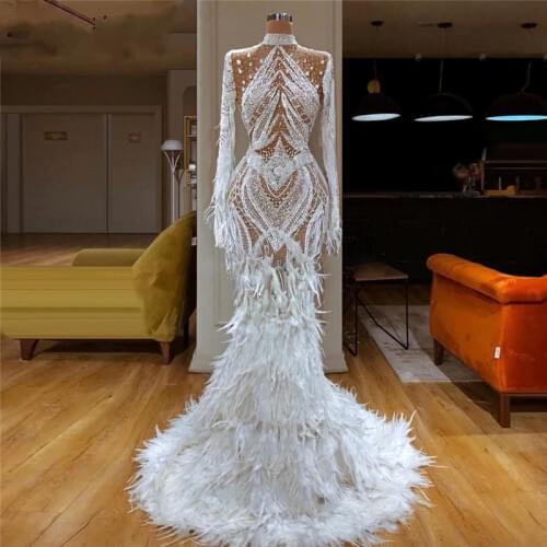 2020 Dubai Middle East Mermaid Evening Dress See-Through Mermaid Prom Dresses Kaftans Aibye Beaded Feathers Runway Party Gowns