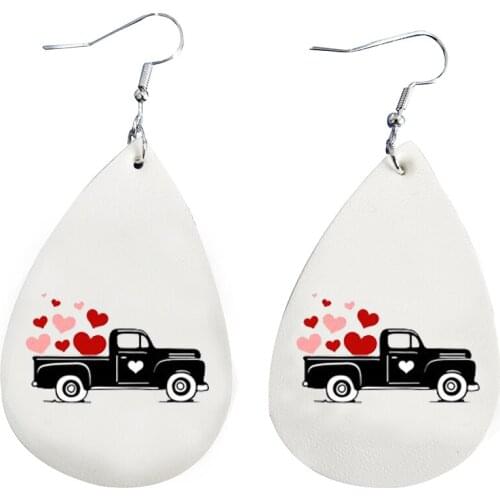2021New Glitter Valentines Day Love Truck Earrings Color Faux Leather Two Layers Thanks Giving Gift Double Print Bulk Order