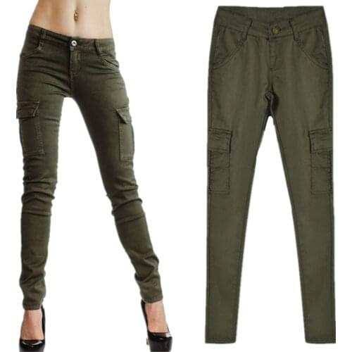 Military Womens Cargo Pants Multi-pocket Low Waist Slim Stretch Army Green Pencil Pants Casual Sportswear Joggers Trousers