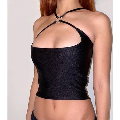 Black Solid Cut Out Crop Top Female Slim Sexy Rave Party Clubwear Cross Choker Y2K Summer Tops For Women Camisole Pink Tees