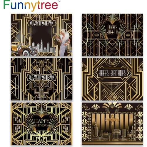 Funnytree Great Gatsby Decor Backdrop Photography Sweet 16 Party 18 Birthday Golden and Black Luxury photo Background Photozone
