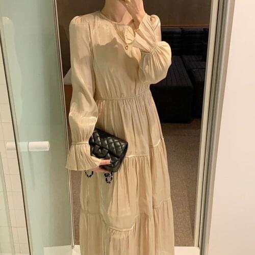 GOOHOJIO 2020 Retro O-neck Flared Sleeves Dresses Autumn Fashionable Pleated Dress Female Solid Color Temperament Ladies Dress